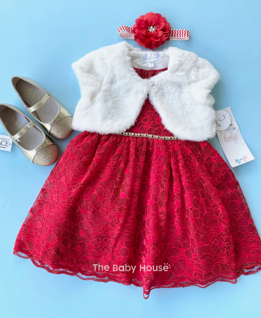 VESTIDO ROJO BLONDA CHALECO BLANCO