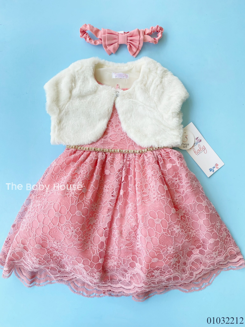VESTIDO ROSADO BORDADO CHALECO BLANCO