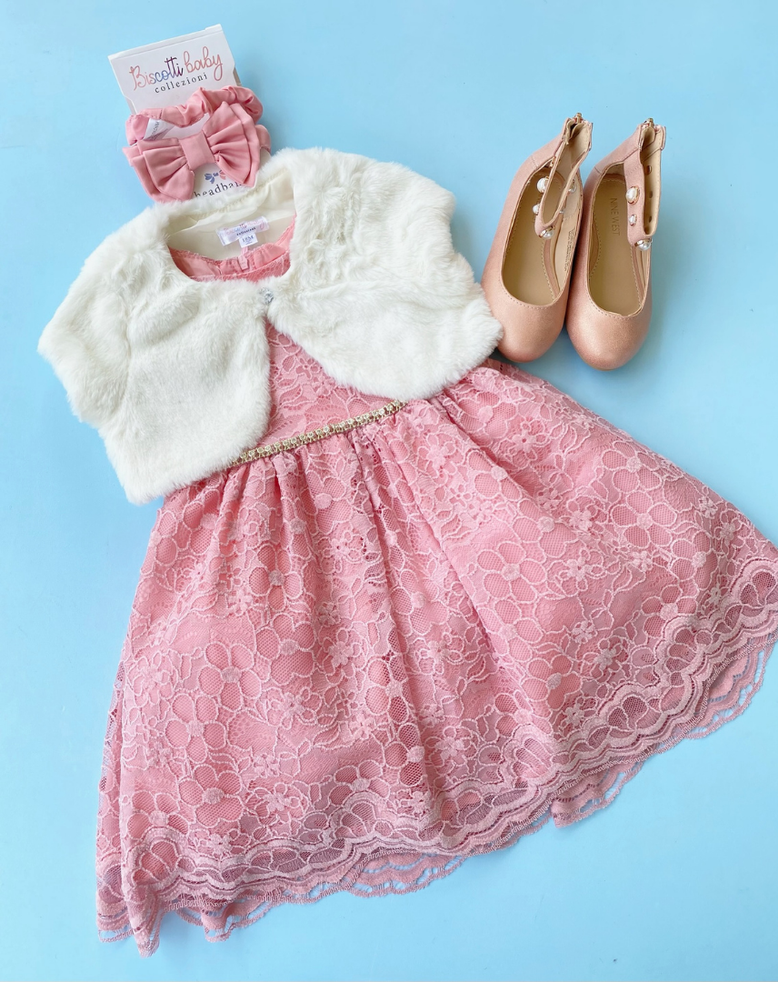 VESTIDO ROSADO BORDADO CHALECO BLANCO