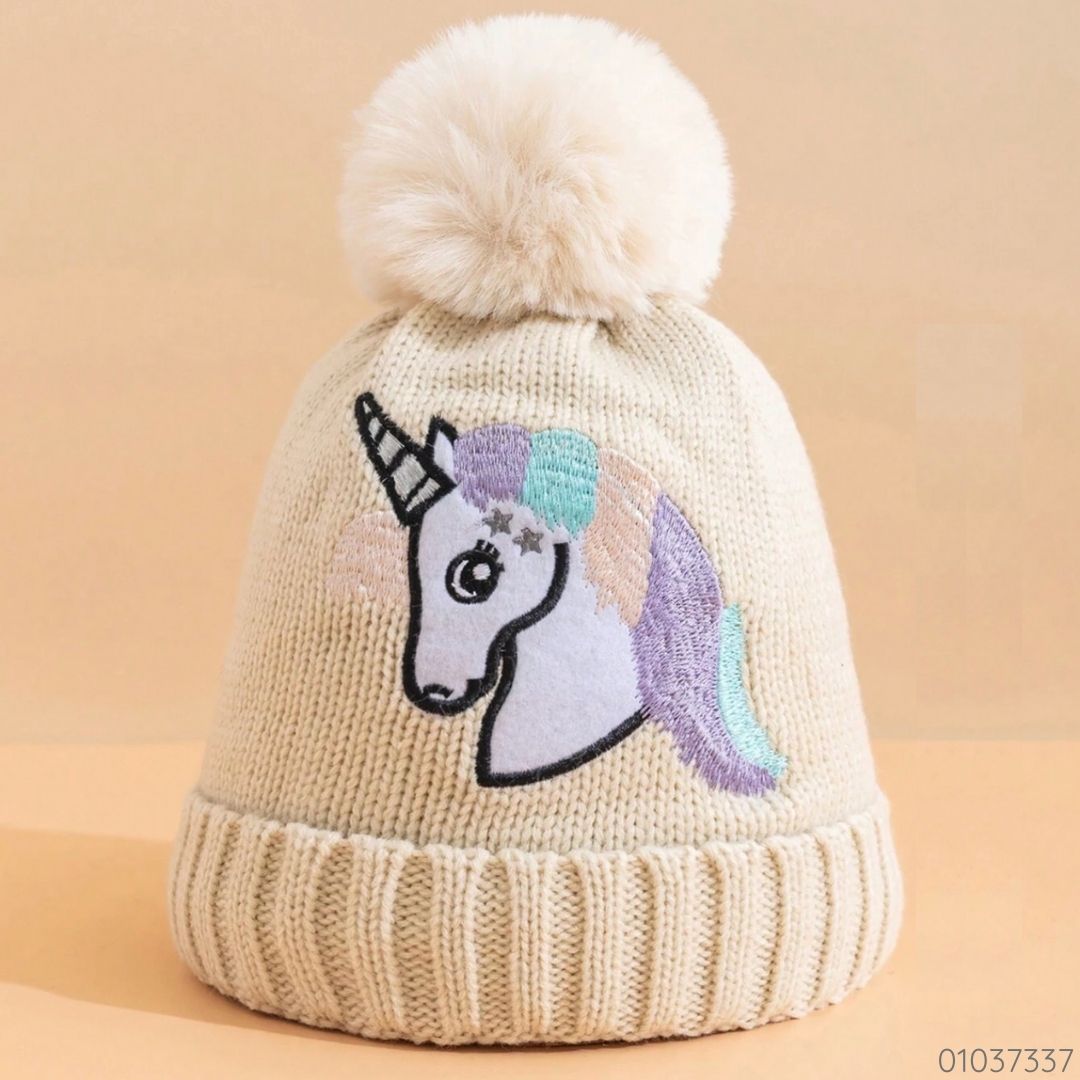 GORRO BEIGE UNICORNIO POMPON