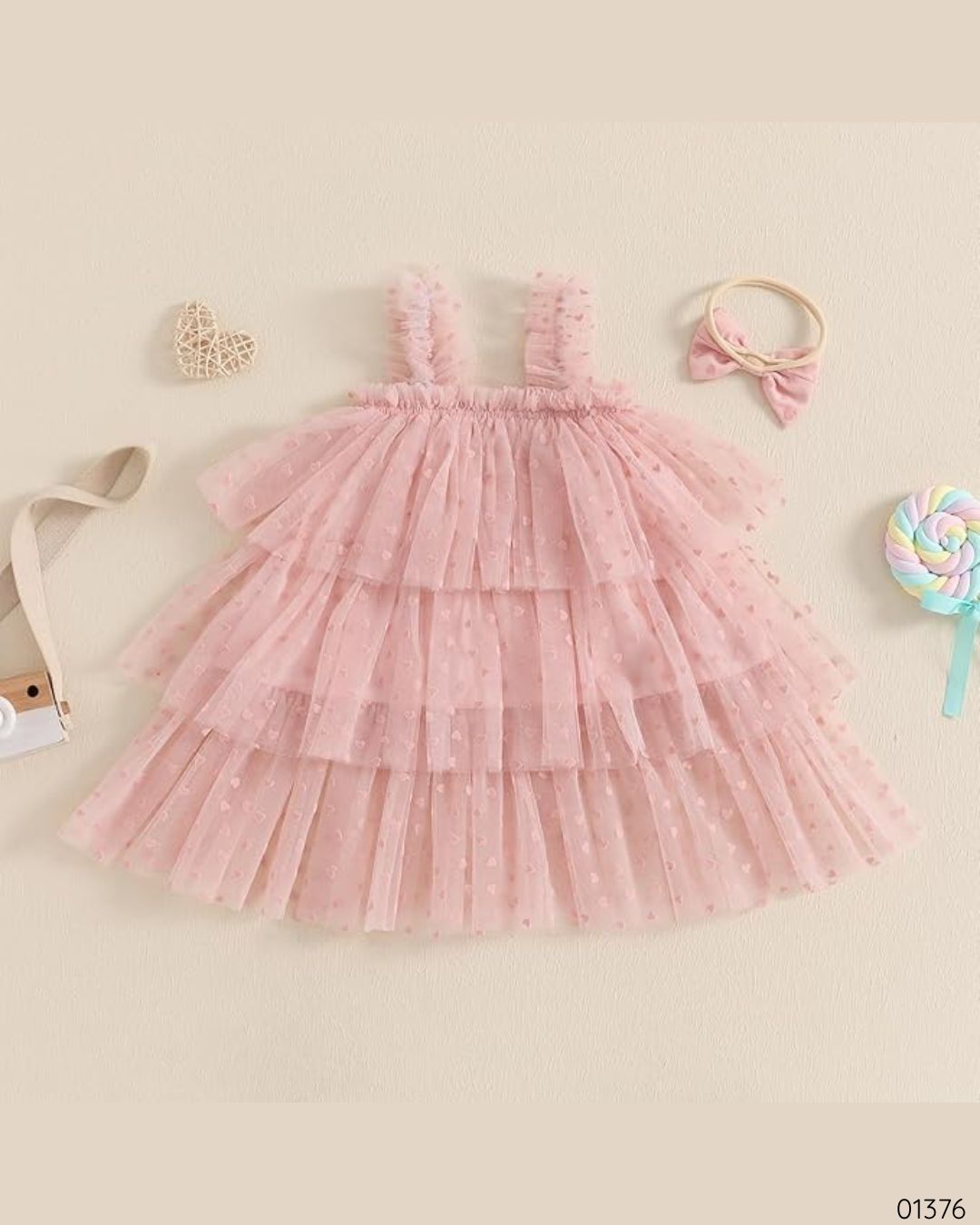 VESTIDO ROSADO CORAZONES VINCHA