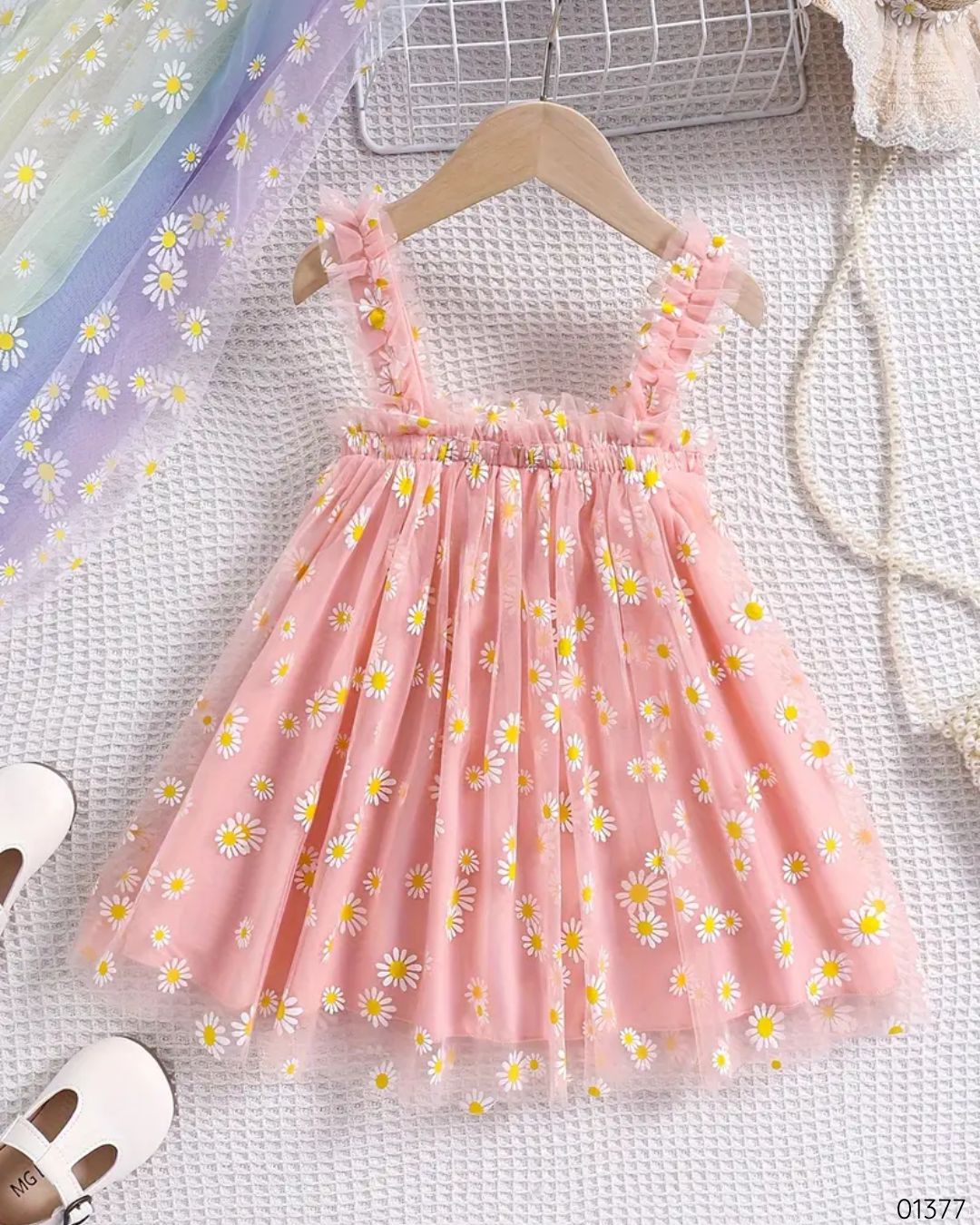 VESTIDO ROSADO FLORES BLANCAS