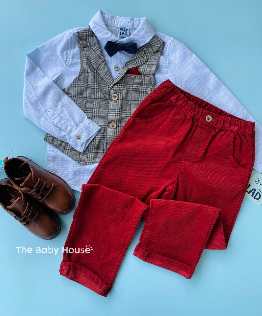 TRAJE 3PZS NIÑO CON CHALECO GRIS PANTALON ROJO