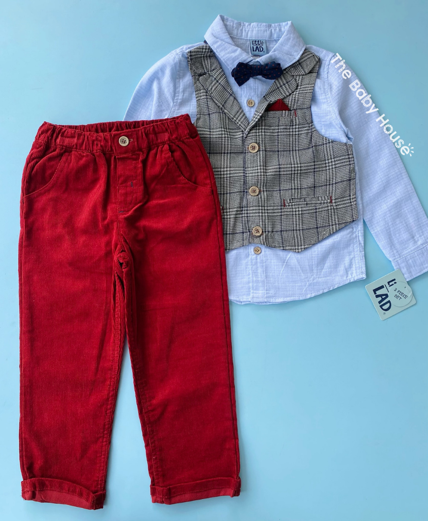 TRAJE 3PZS NIÑO CON CHALECO GRIS PANTALON ROJO