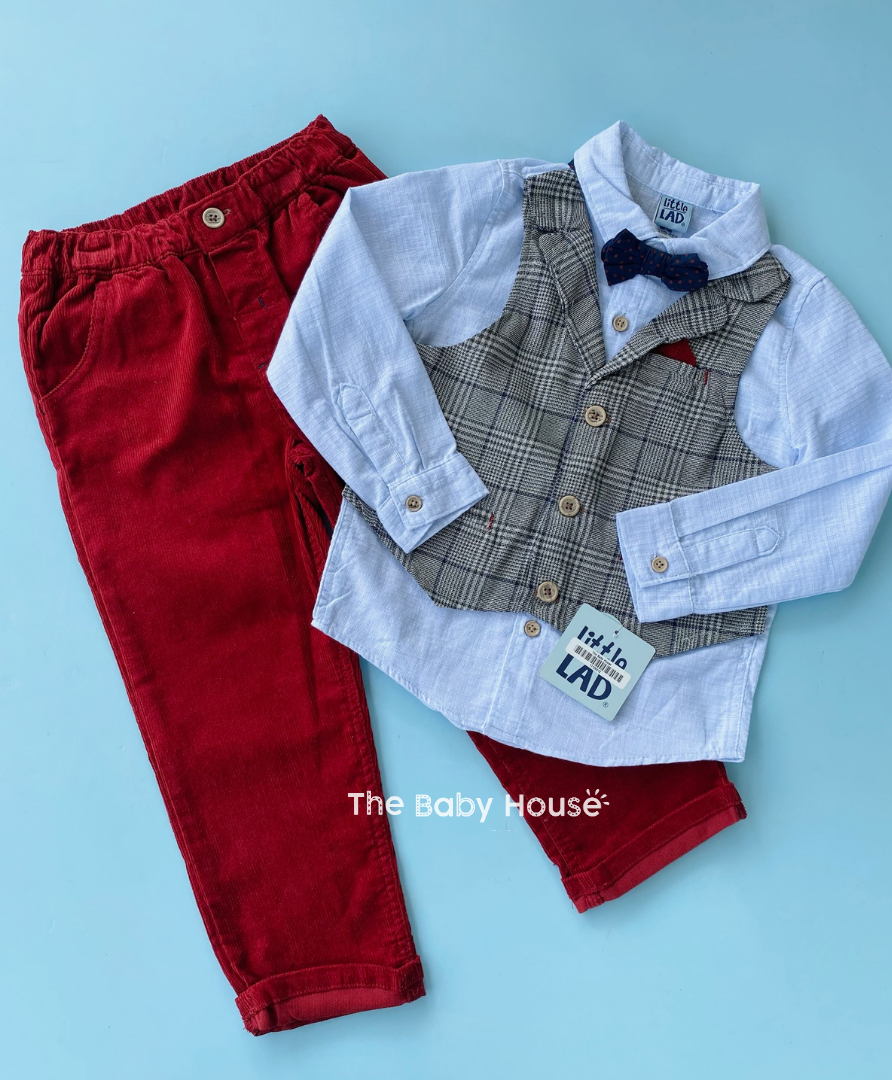 TRAJE 3PZS NIÑO CON CHALECO GRIS PANTALON ROJO