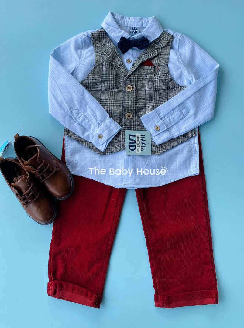 TRAJE 3PZS NIÑO CON CHALECO GRIS PANTALON ROJO