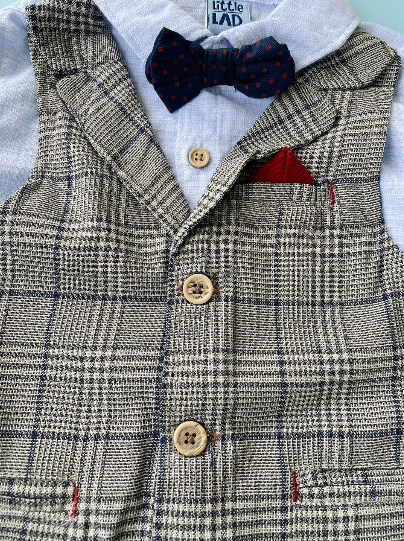 TRAJE 3PZS NIÑO CON CHALECO GRIS PANTALON ROJO