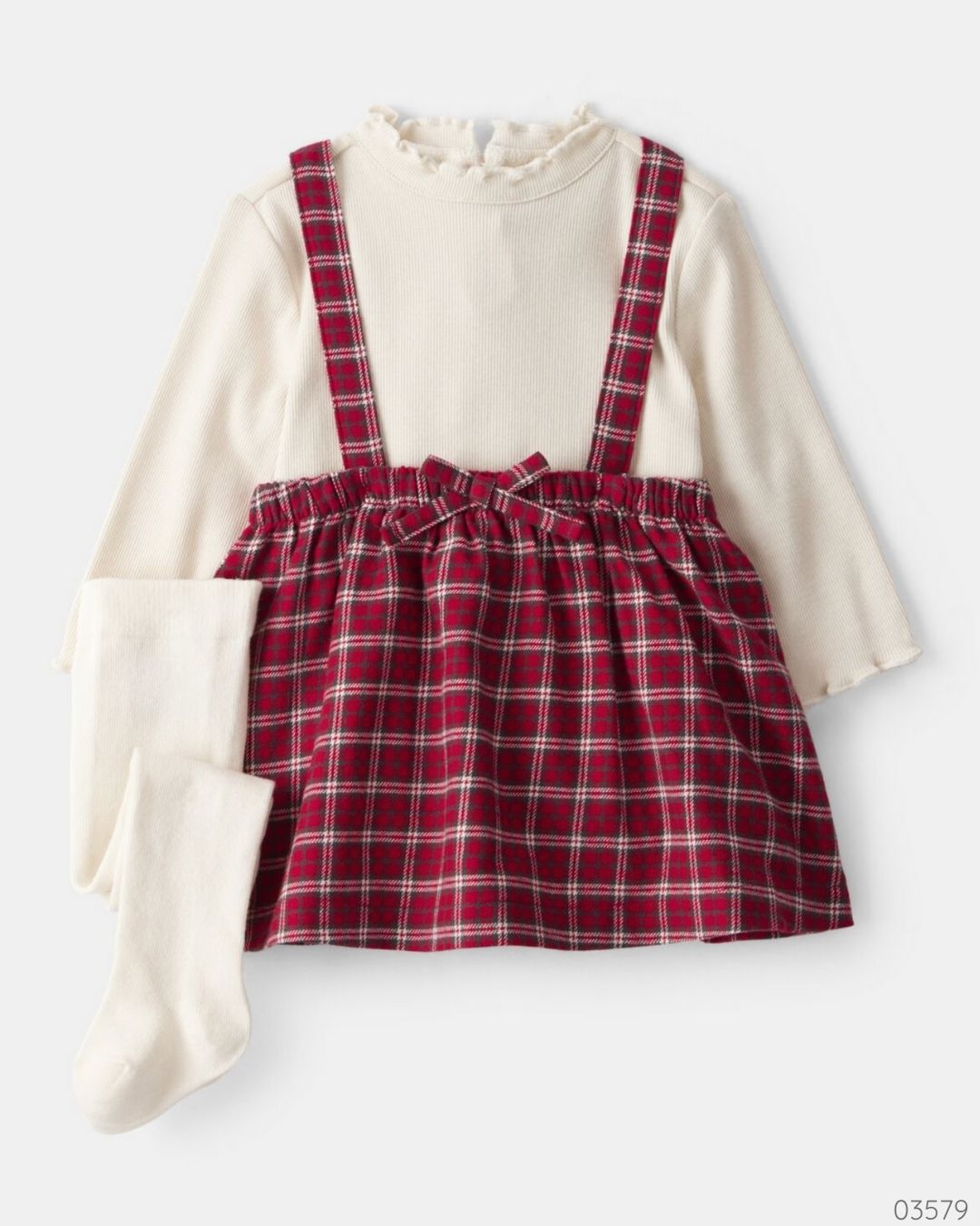 VESTIDO 3PZS BLANCO CUADRICULADO MEDIAS