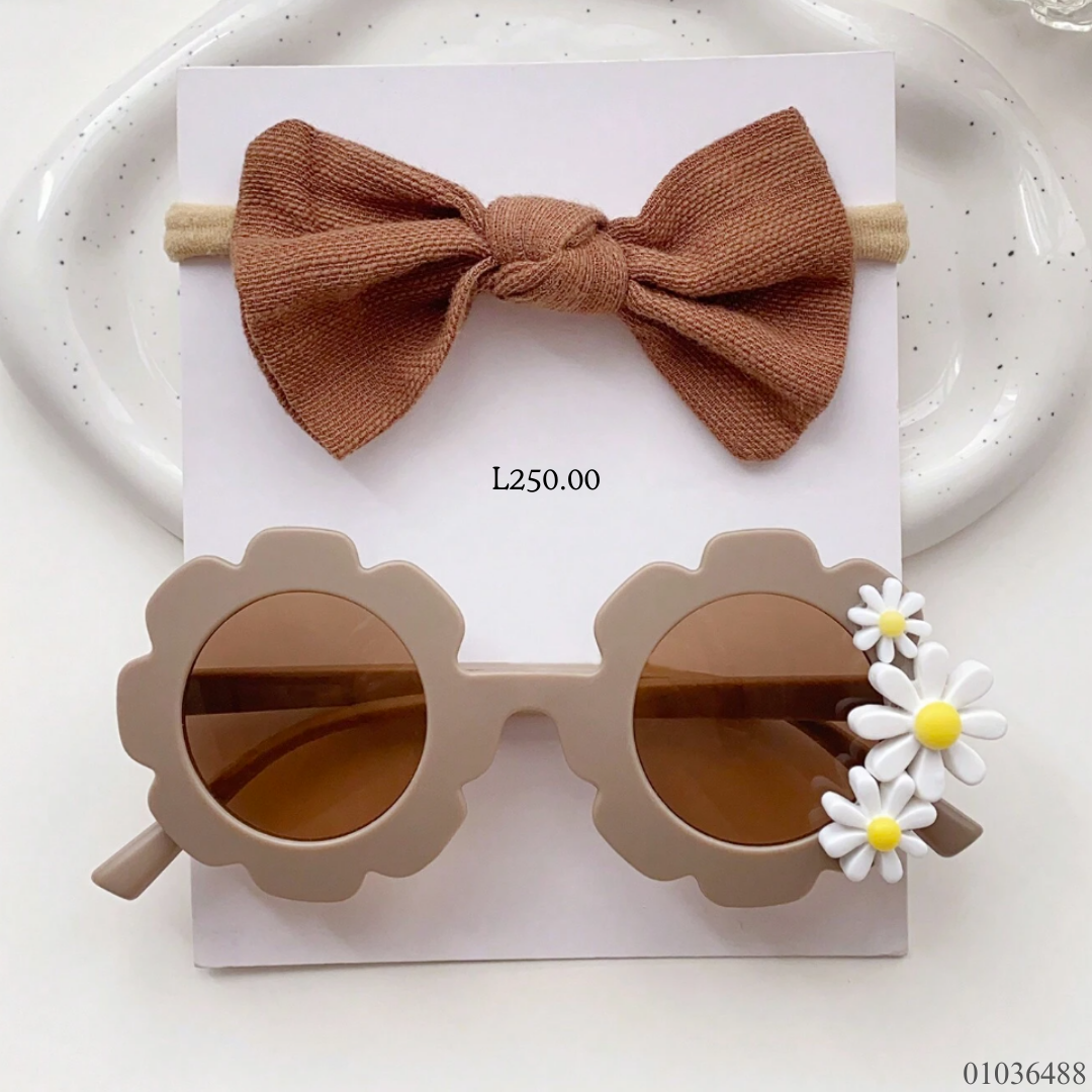 LENTES CON FLORES BLANCAS VINCHA CAFE