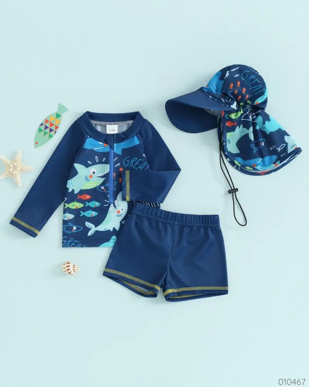 TRAJE DE BAÑO 3PZS TIBURON AZUL C/GORRO