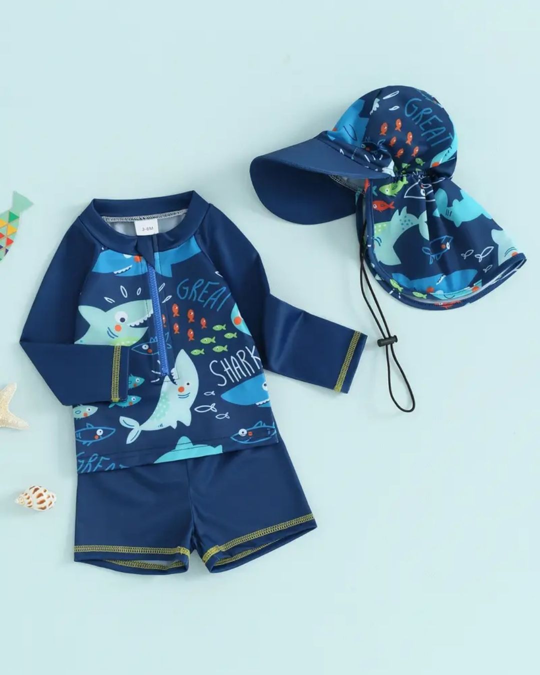 TRAJE DE BAÑO 3PZS TIBURON AZUL C/GORRO