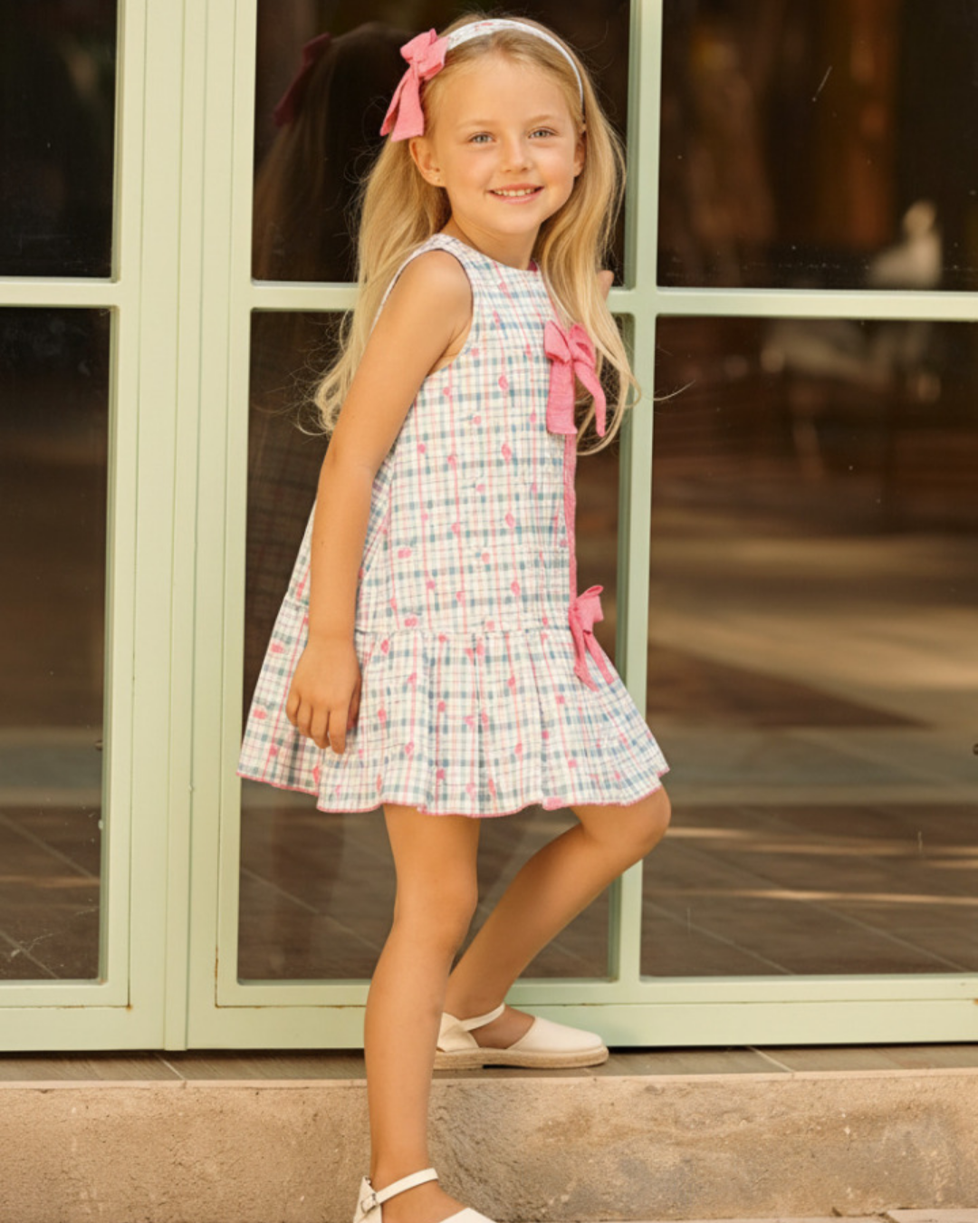 VESTIDO CUADROS LAZOS ROSA