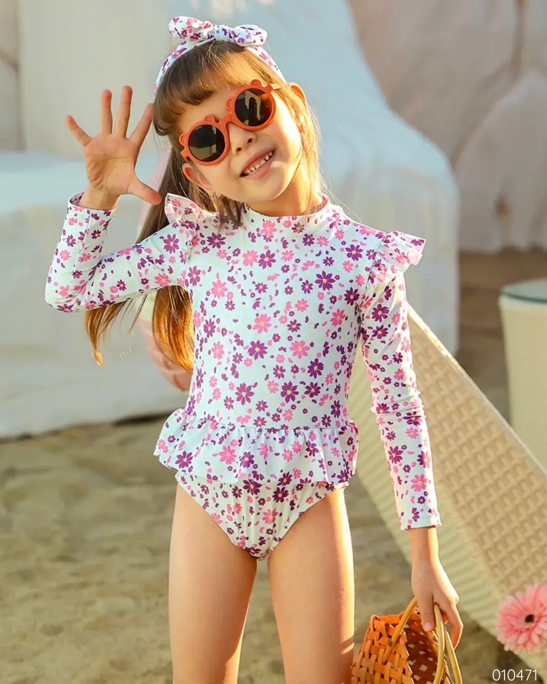 TRAJE BAÑO FLOREADO ROSA MORADO C/VINCHA