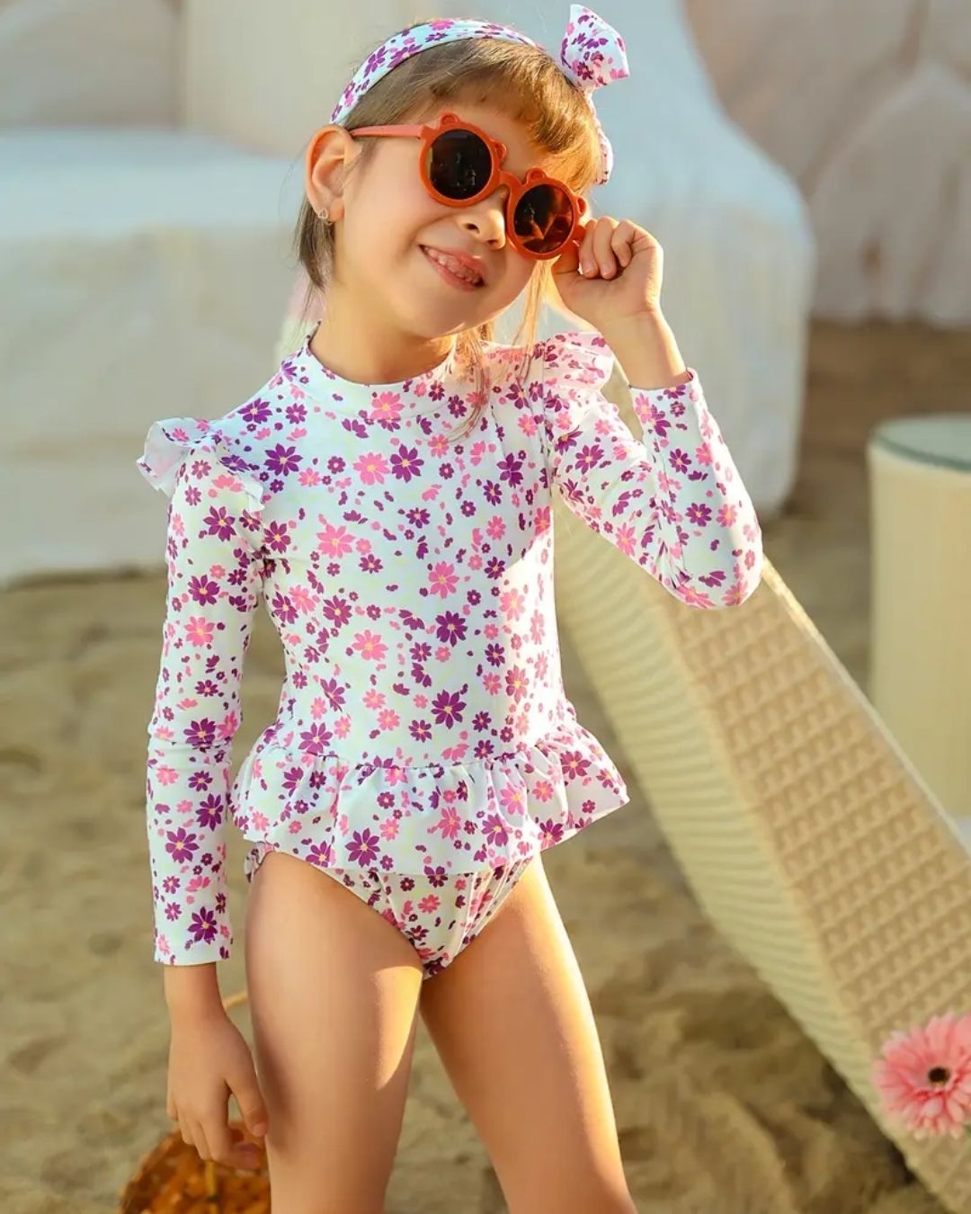TRAJE BAÑO FLOREADO ROSA MORADO C/VINCHA