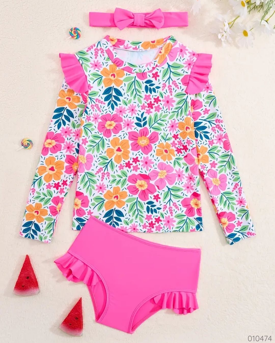 TRAJE DE BAÑO FLORES ROSADO 3 PZS C/VINCHA