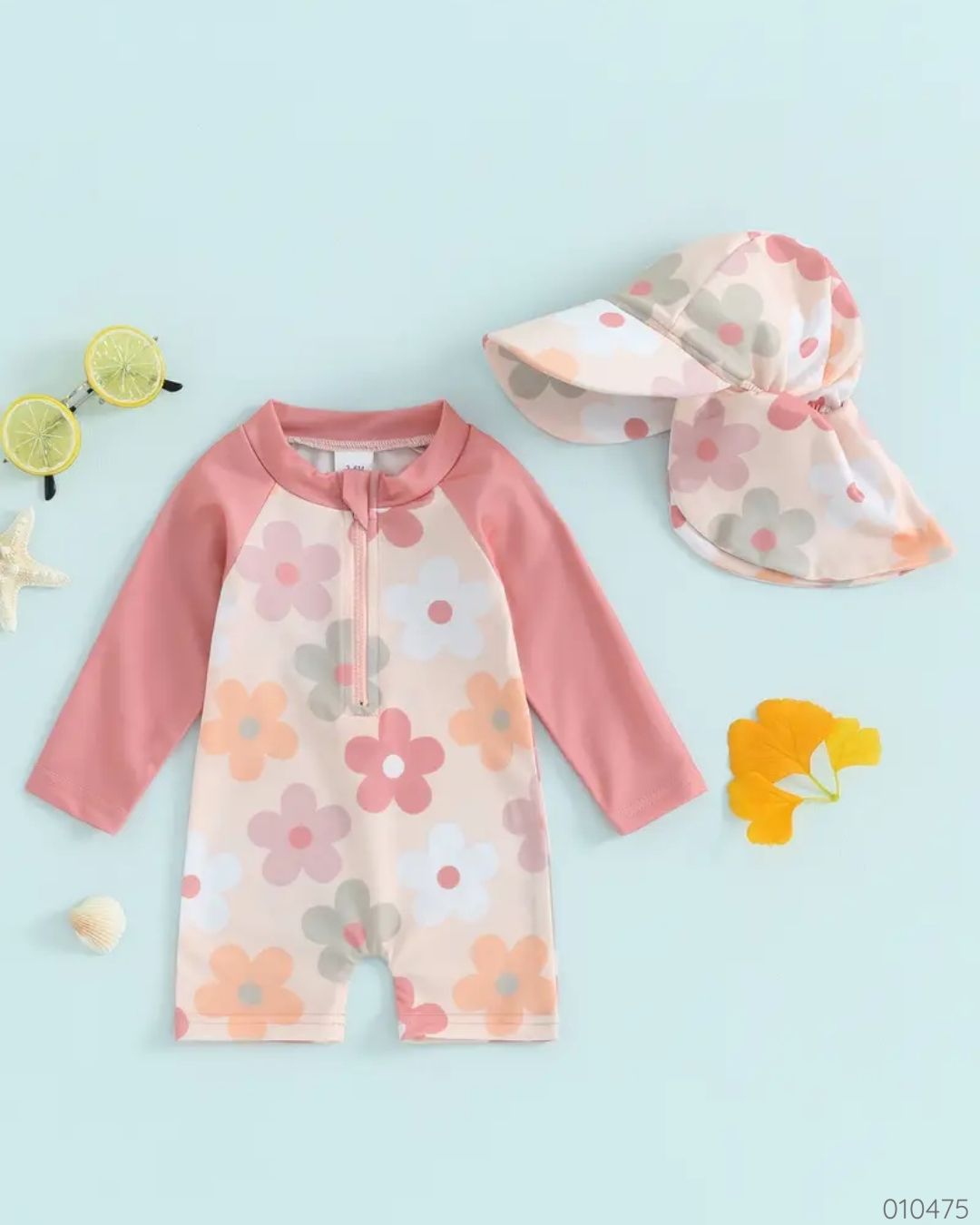 TRAJE DE BAÑO FLORES ROSADO C/GORRO