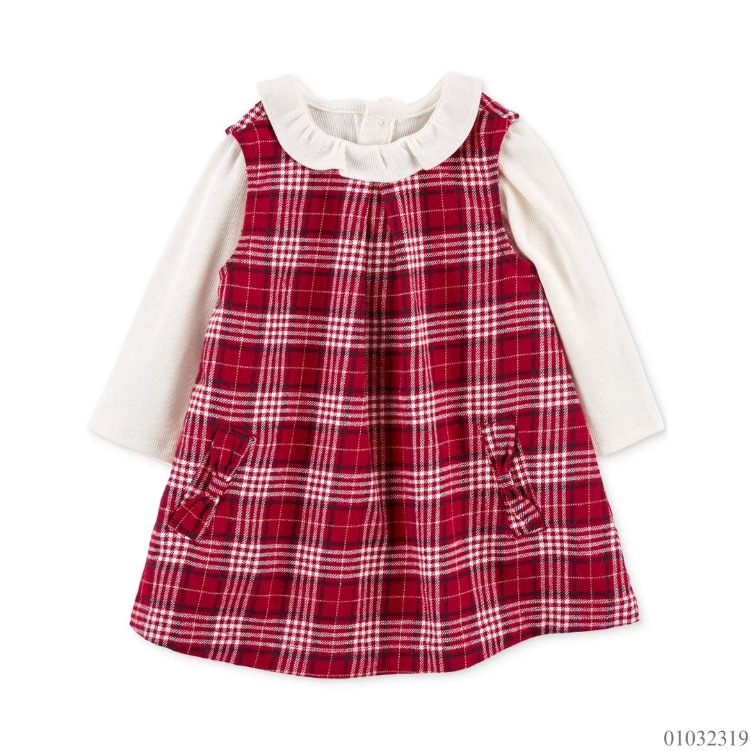 VESTIDO NIÑA 2PZS ROJO BLANCO MANGALARGA