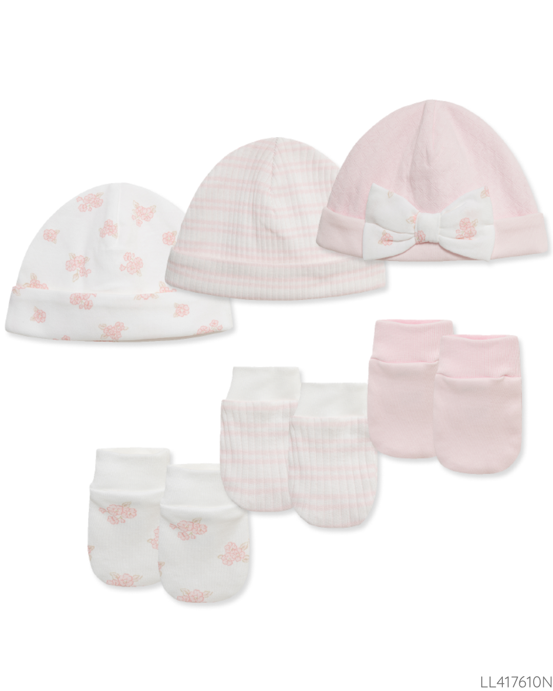 SET 6 PZS GORRITOS Y GUANTES ROSA BLANCO