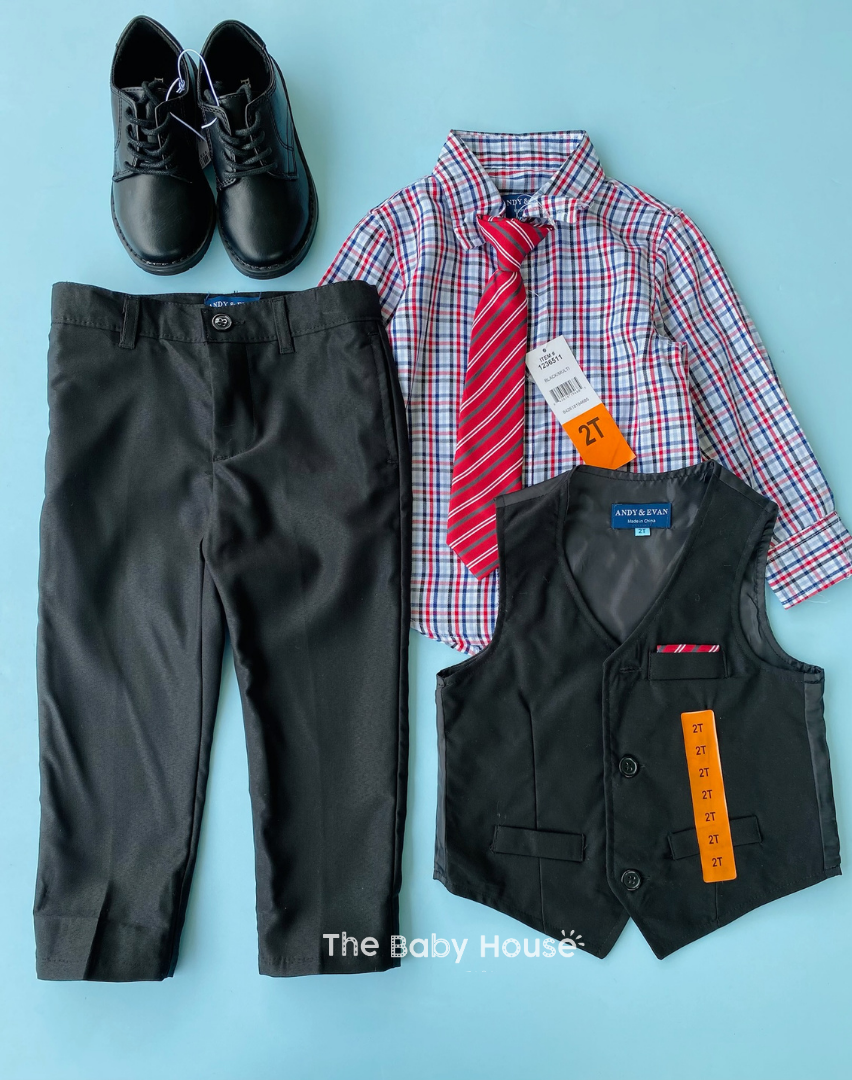 TRAJE 4PZS NIÑO CHALECO Y CORBATA ROJA