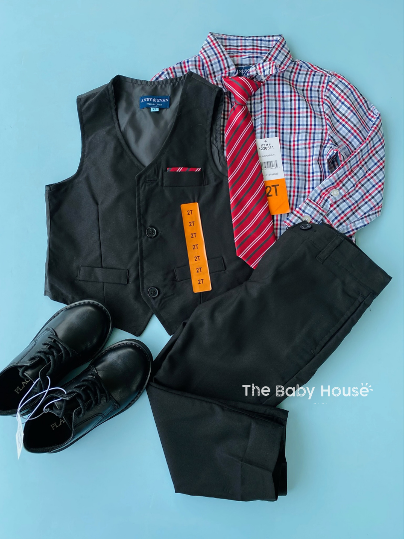 TRAJE 4PZS NIÑO CHALECO Y CORBATA ROJA