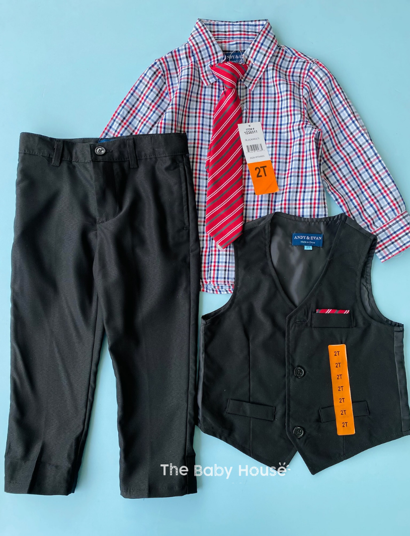 TRAJE 4PZS NIÑO CHALECO Y CORBATA ROJA