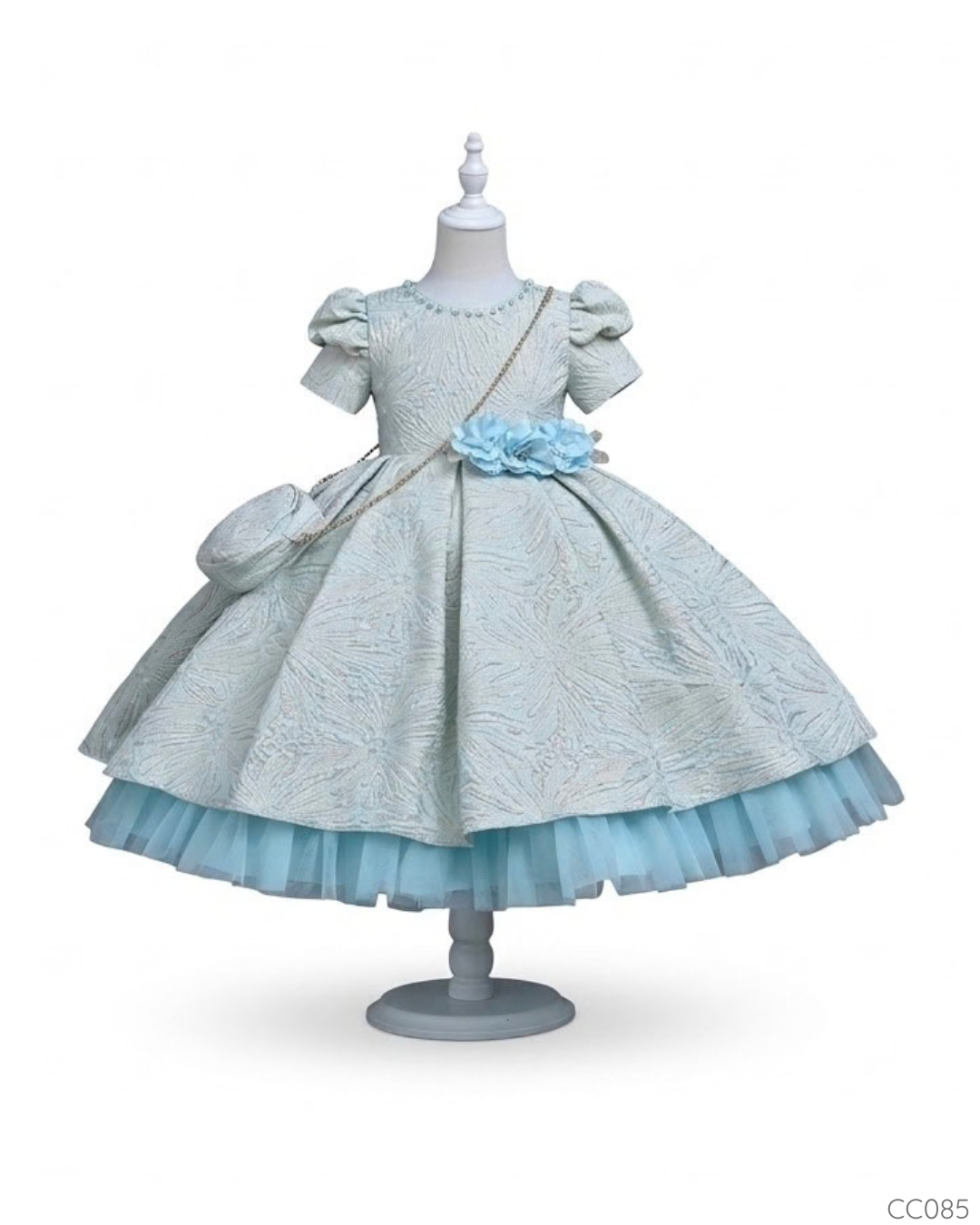 VESTIDO ELEGANTE AZUL FLORES Y CARTERA