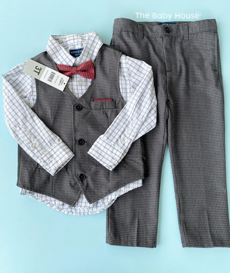 TRAJE FORMAL CHALECO GRIS CORBATIN ROJO