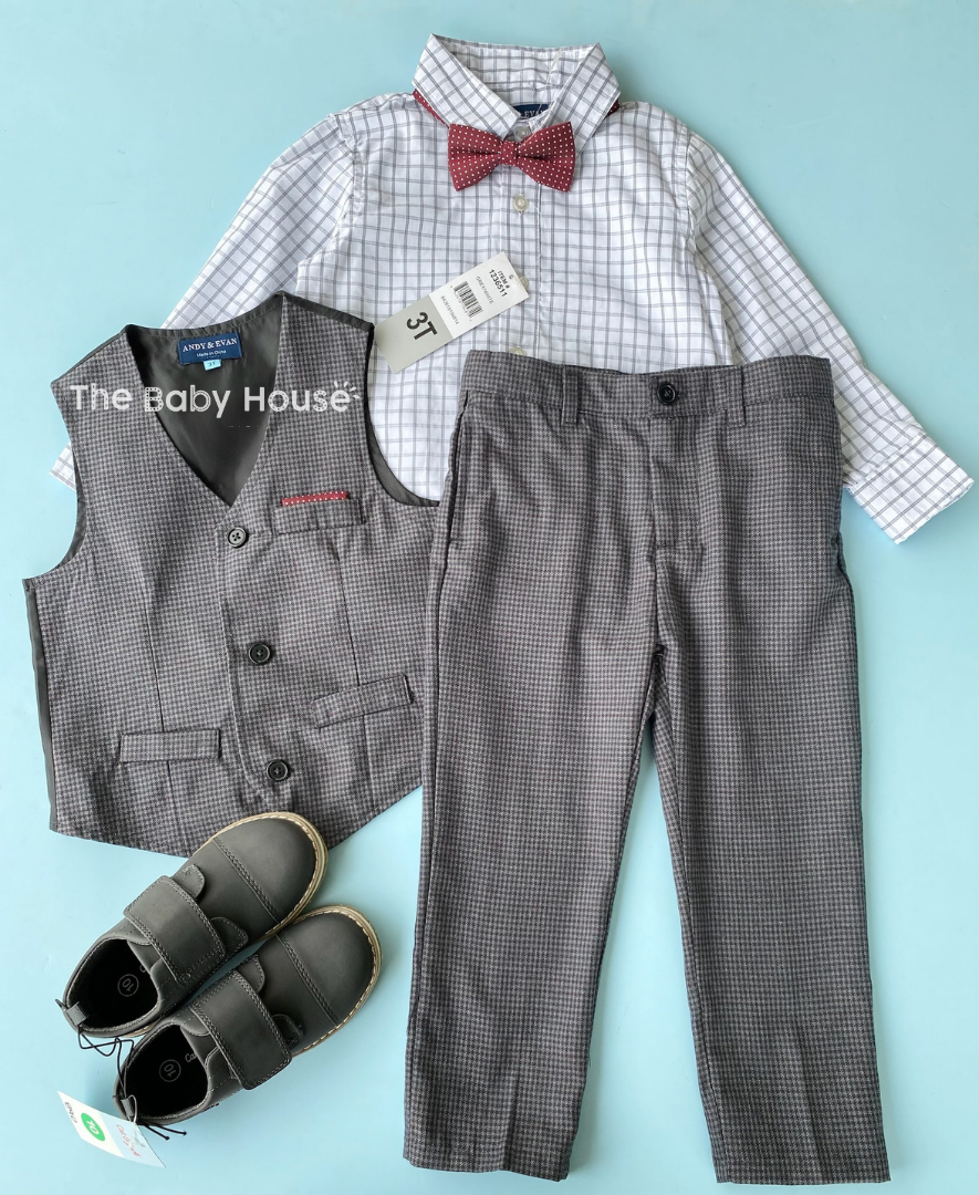 TRAJE FORMAL CHALECO GRIS CORBATIN ROJO