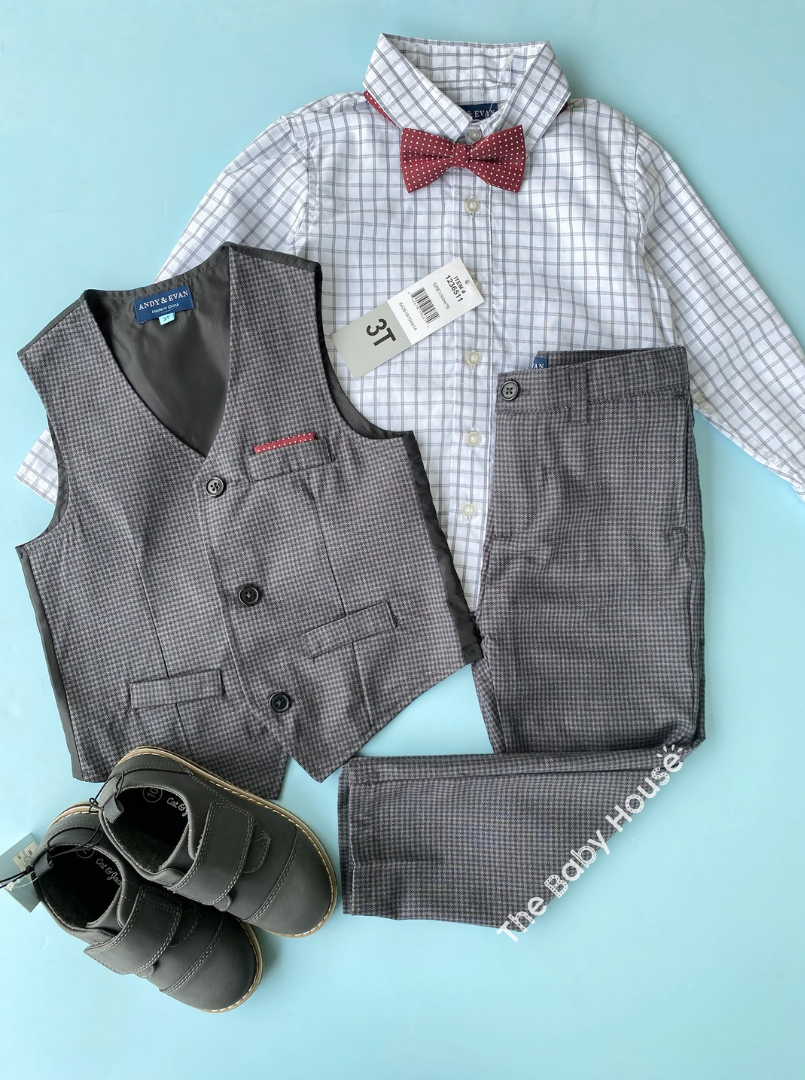 TRAJE FORMAL CHALECO GRIS CORBATIN ROJO