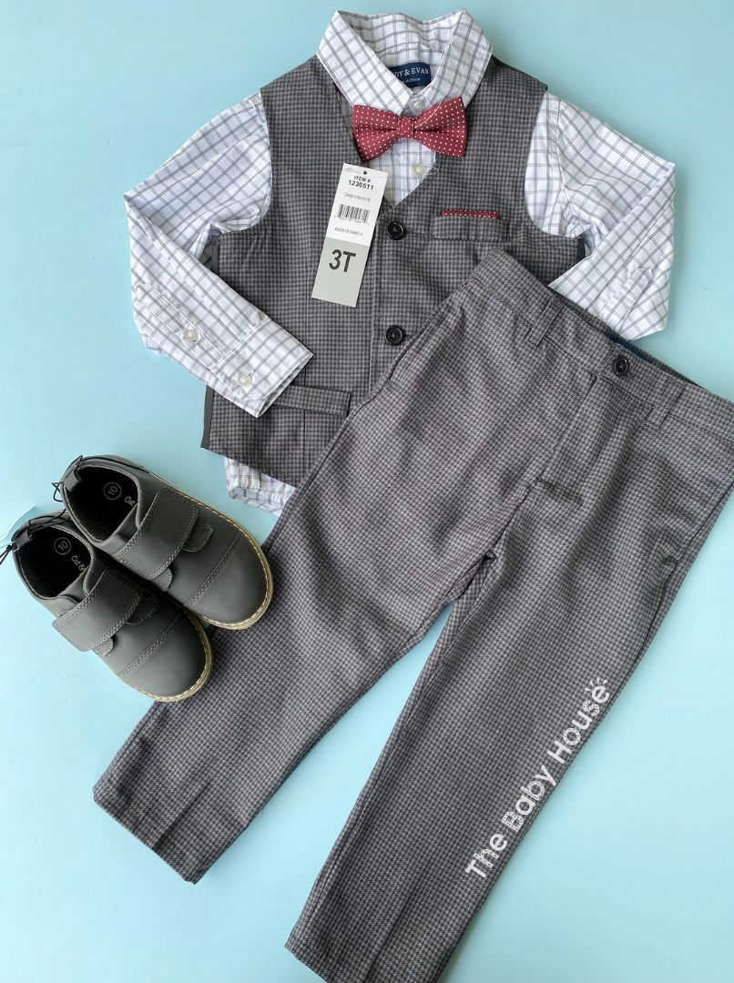 TRAJE FORMAL CHALECO GRIS CORBATIN ROJO
