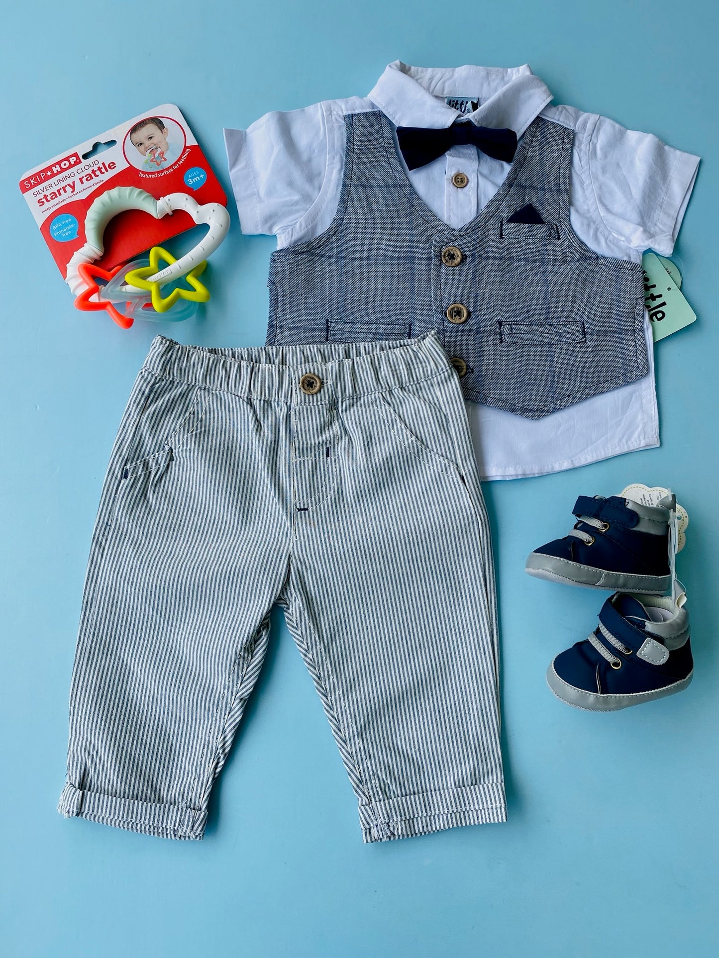 TRAJE DE BEBE NIÑO 3 PIEZAS PANTALON CAMISA BLANCA CON CHALECO INTEGRADO Y CORBATIN