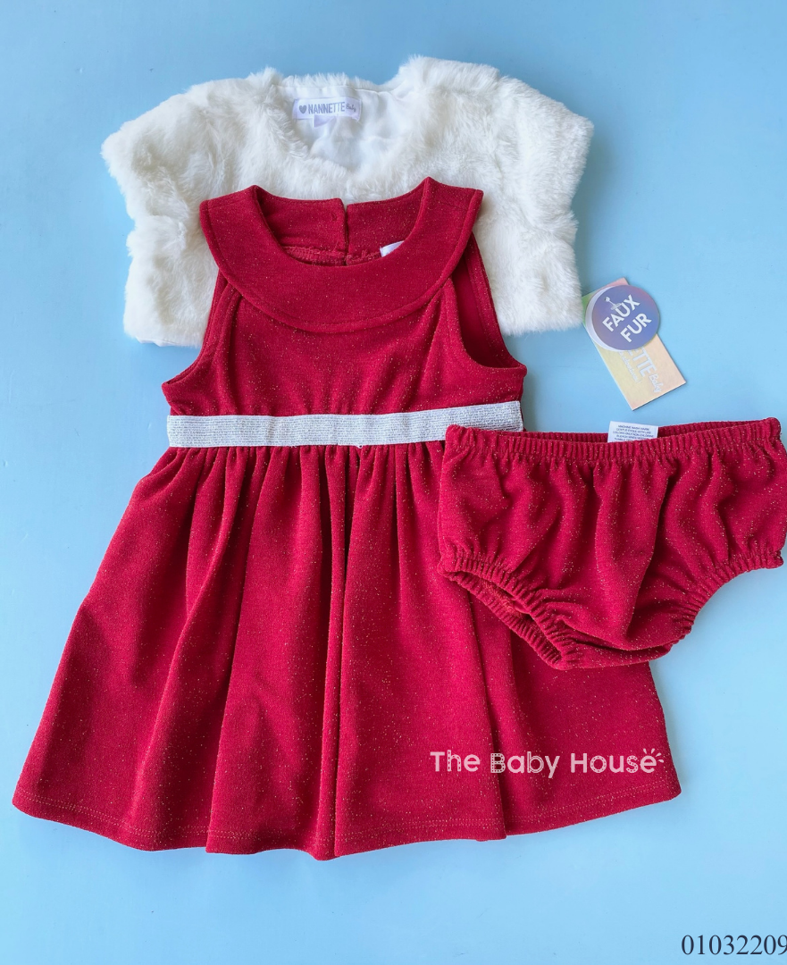 VESTIDO ROJO CON CHALECO BLANCO