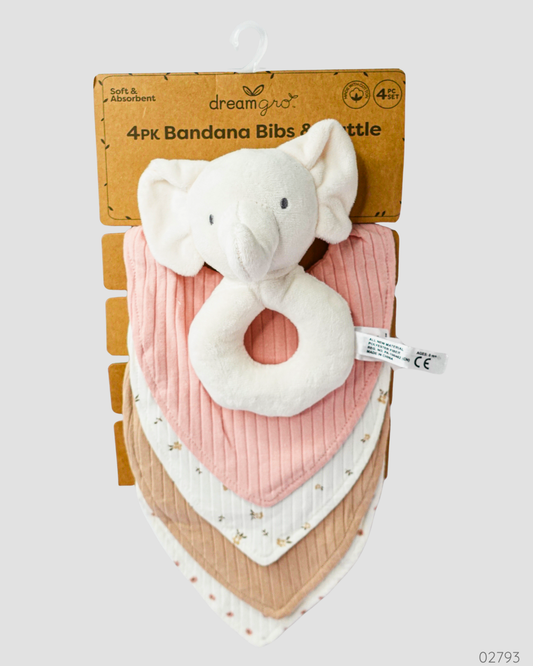 BABERO BANDANA 4 PZS CON SONAJERO ROSA