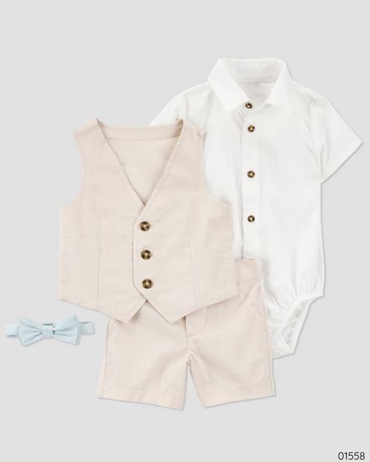 TRAJE 4 PZS CARTER´S SHORT CORBATIN BLANCO Y BEIGE