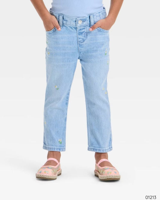PANTALON AZUL STRAIGHT FLORES BORDADAS