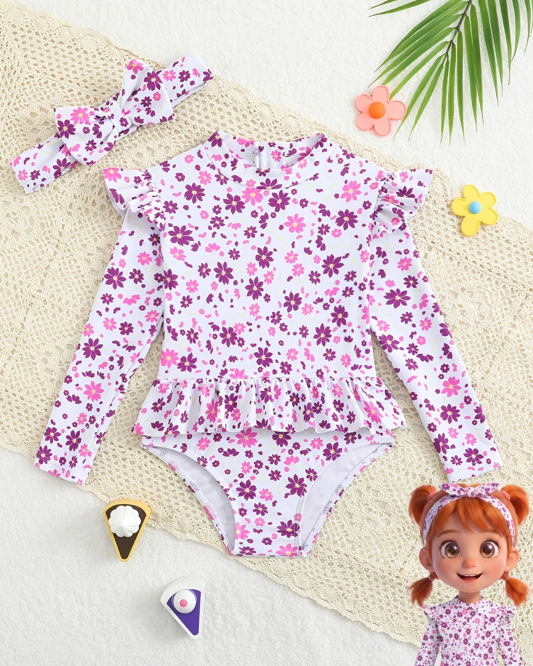TRAJE BAÑO FLOREADO ROSA MORADO C/VINCHA