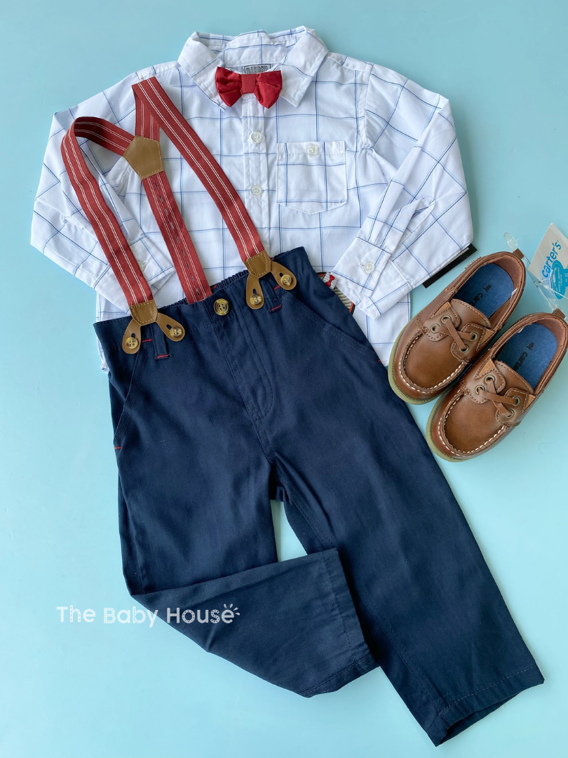 TRAJE FORMAL BLANCO Y AZUL CUADROS CORBATIN ROJO