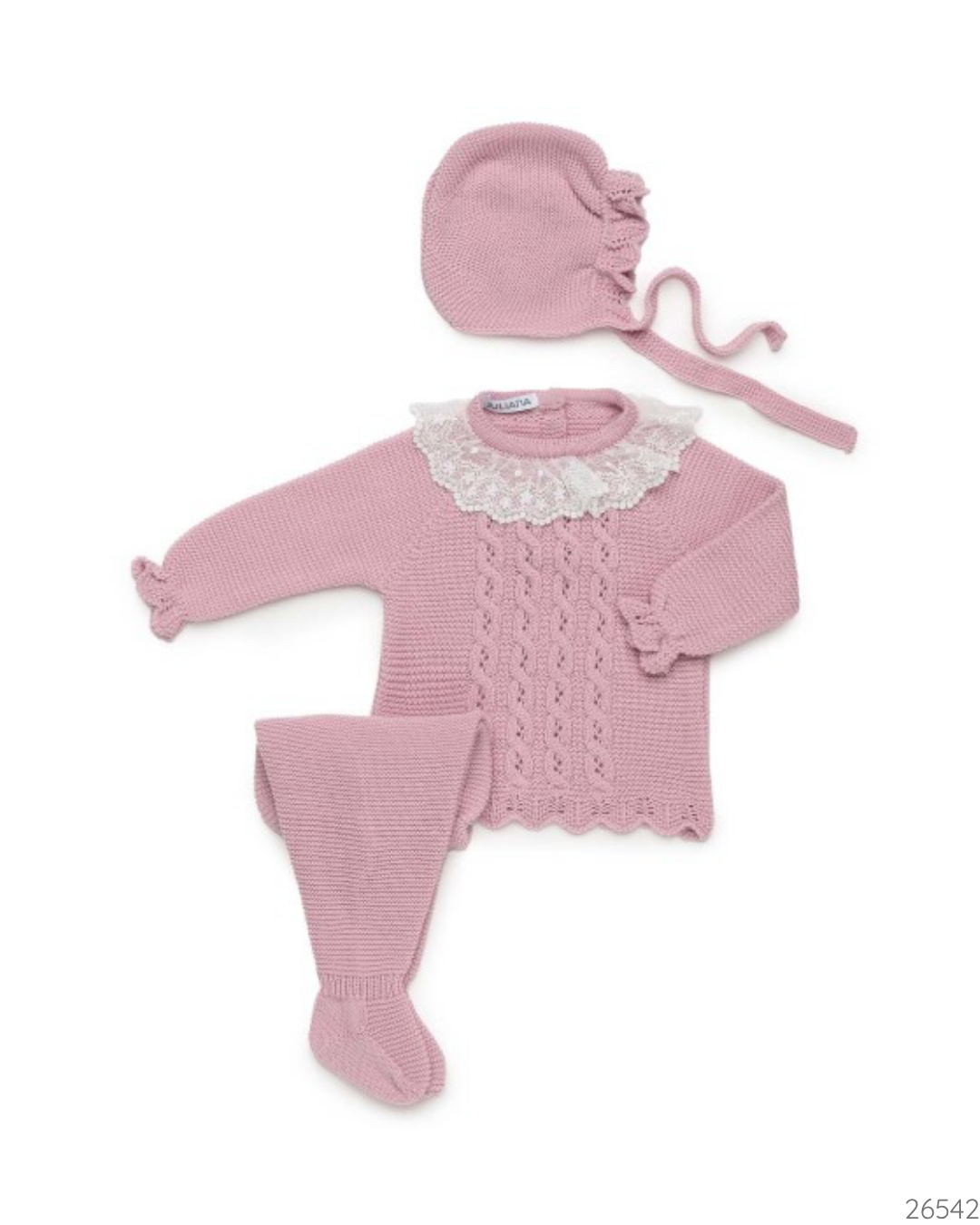 CONJUNTO TEJIDO ROSA TRENZAS CALADAS
