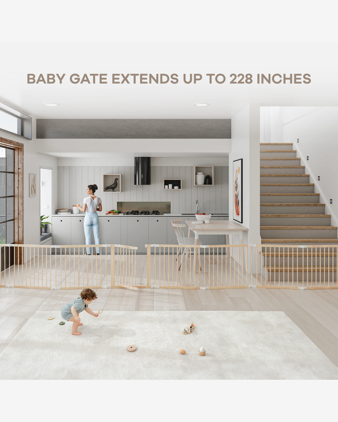 CORRAL JUEGOS Y PUERTA SEGURIDAD MADERA NATURAL COMFYCUBS