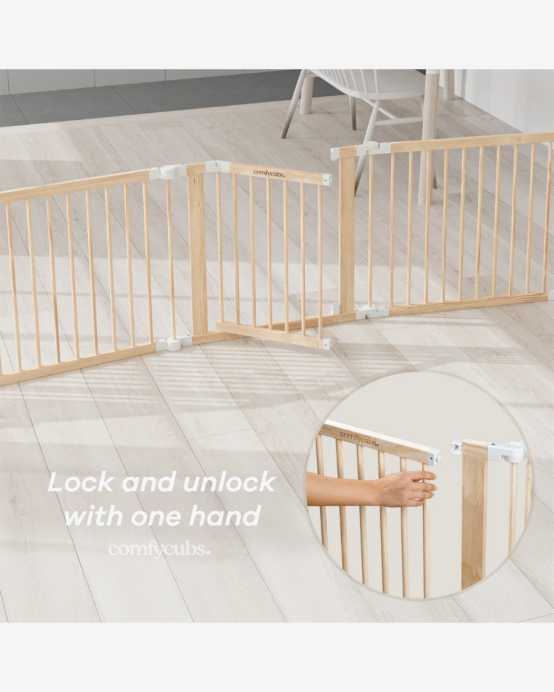 CORRAL JUEGOS Y PUERTA SEGURIDAD MADERA NATURAL COMFYCUBS