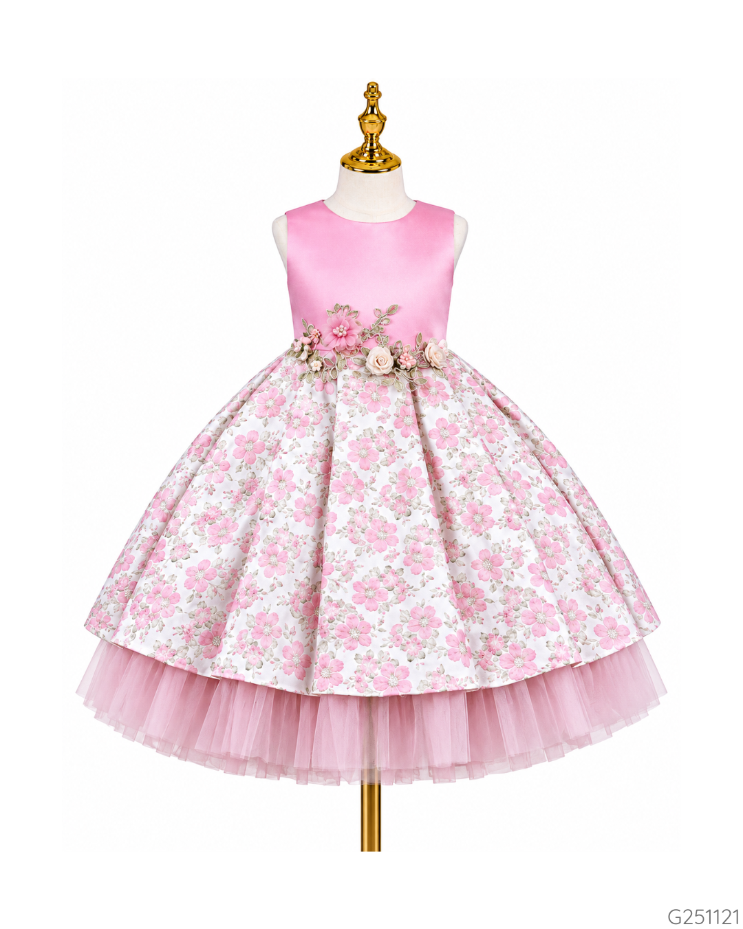 VESTIDO ELEGANTE FLORES ROSA Y DORADO