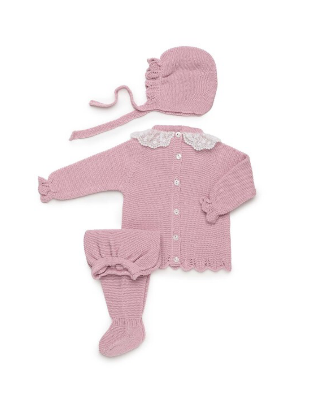 CONJUNTO TEJIDO ROSA TRENZAS CALADAS