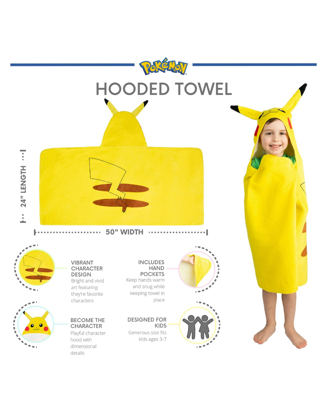TOALLA CAPUCHA PIKACHU 24X50IN