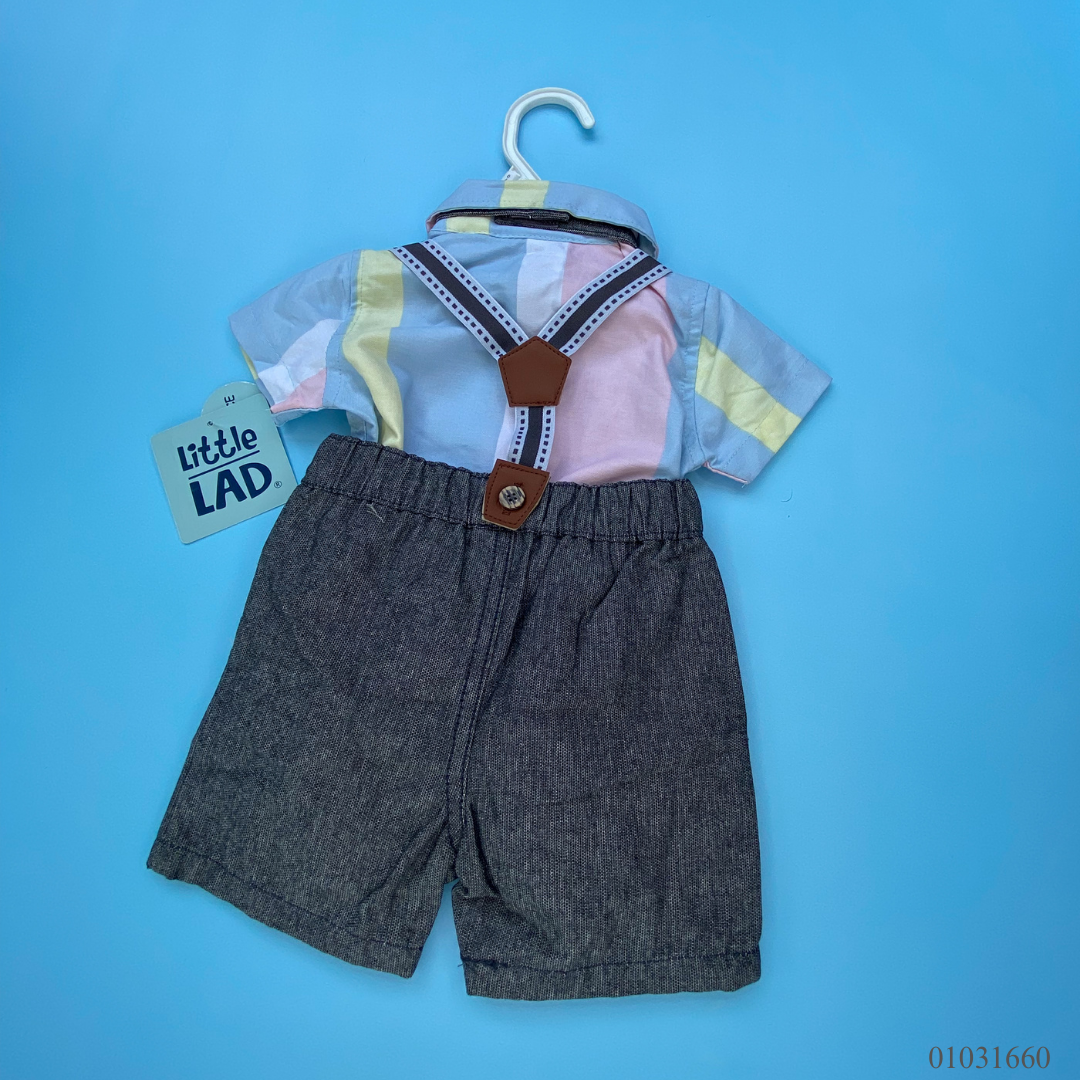 TRAJE NIÑO 2 PIEZAS SHORT COLOR GRIS OSCURO,CAMISA DE COLORES