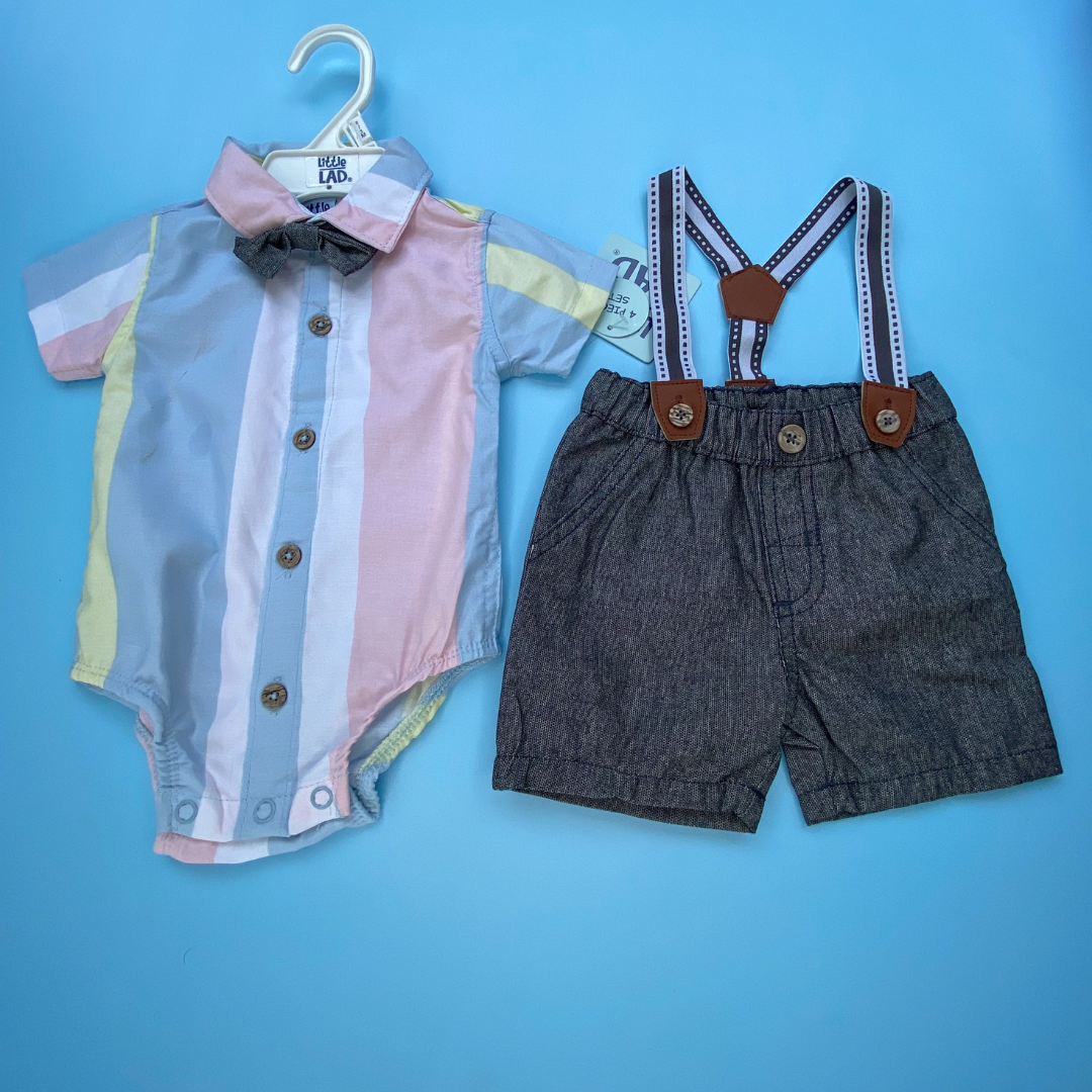 TRAJE NIÑO 2 PIEZAS SHORT COLOR GRIS OSCURO,CAMISA DE COLORES