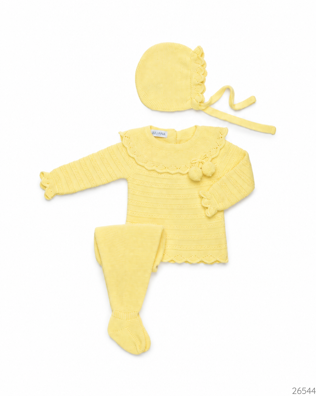 CONJUNTO TEJIDO AMARILLO POMPONES NIÑA