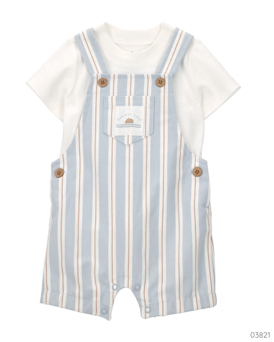 TRAJE 2 PZS BLANCO RAYADO AZUL Y CAFÉ