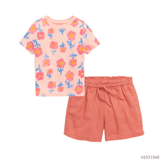 TRAJE SHORT NARANJA CAMISA FLORES