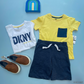 TRAJE NIÑO 3 PIEZAS DKNY SHORT AZUL CAMISA AMARILLA Y CAMISA BLANCA