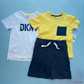 TRAJE NIÑO 3 PIEZAS DKNY SHORT AZUL CAMISA AMARILLA Y CAMISA BLANCA